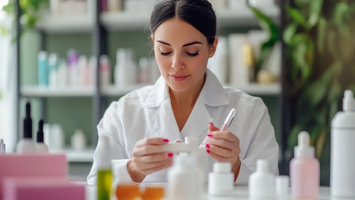 Cosmetic chemist testing adhesive remover formulation in laboratory