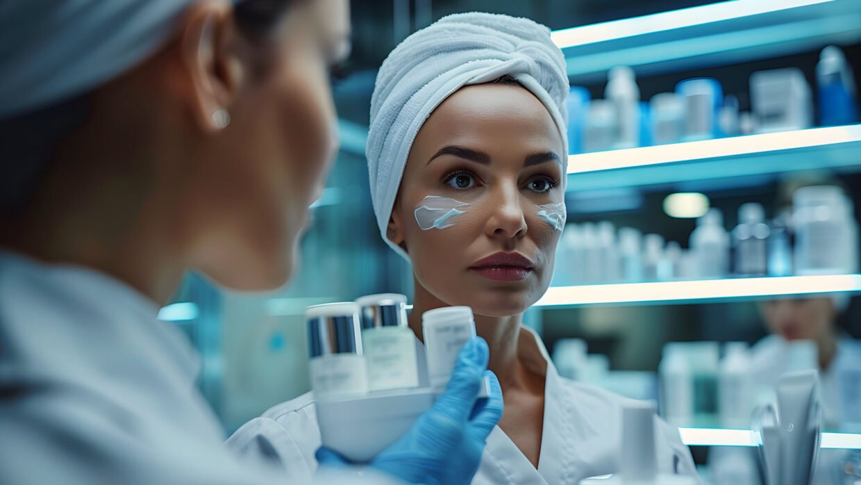 Cosmetic compliance expert reviewing product safety in laboratory.