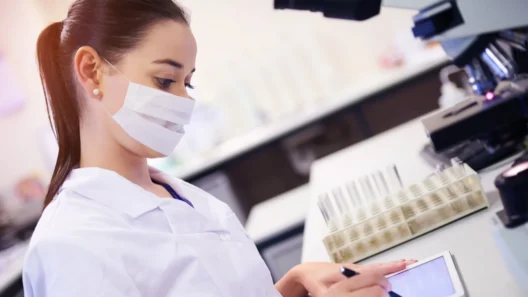 EU and UK cosmetic compliance specialist reviewing laboratory test samples and documentation.