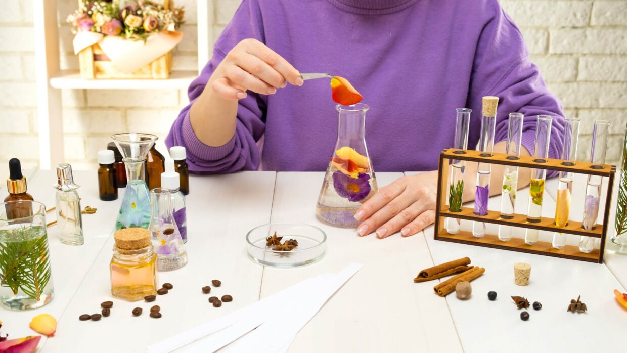 Aromatherapy essential oils and formulation setup representing EU cosmetic regulatory compliance